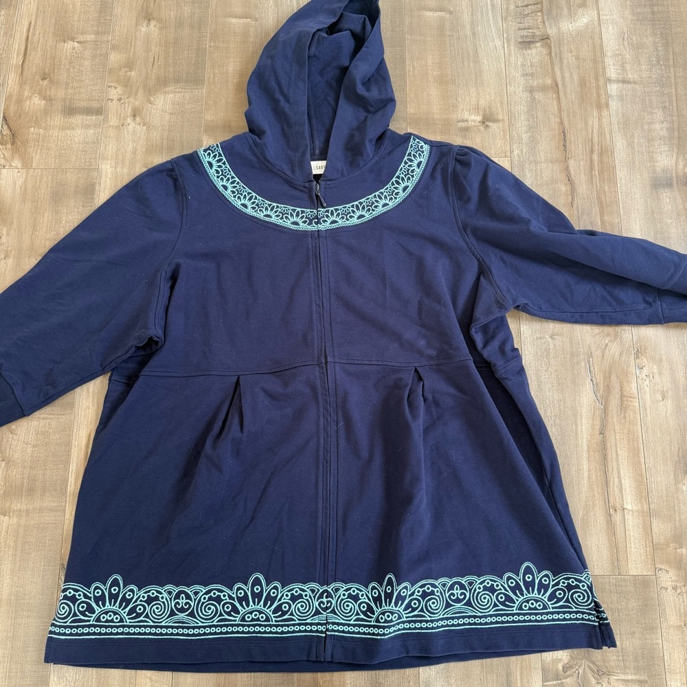 Sport Savvy Full Zip Jacket Hooded Blue Embroidered 2XL Baby Doll Half‎ Sleeve